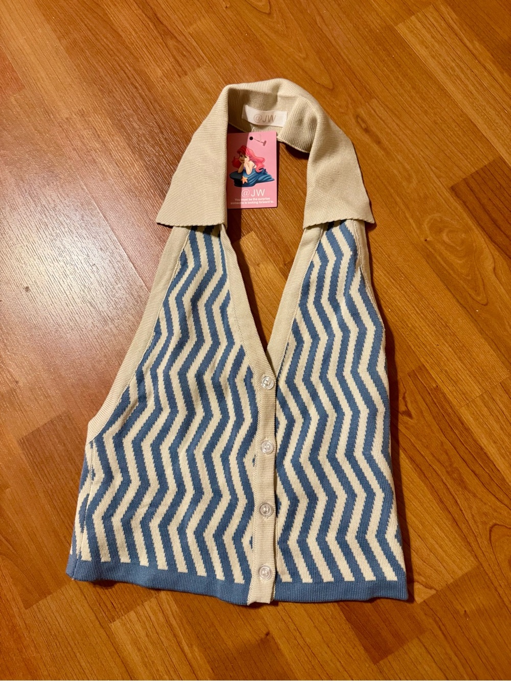 NWT Blue & Cream Collared V-Neck Chevron Knit Top - Cream & Blue